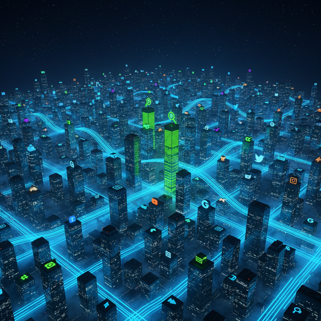 An illuminated 3D cityscape at night viewed from above, every building rooftop transformed into glowing icons of websites and apps, with bright pathways of light representing high-speed digital traffic weaving between them. Cool blue and cyan hues dominate the scene, with accents of neon green highlighting key skyscrapers symbolizing top-ranked search results. The environment is clean and futuristic, with a photographic, cinematic realism. Subtle fog catches the light, adding depth and mystery. Shot from a high, wide-angle perspective with sharp focus throughout, conveying scale and reach. The atmosphere is dynamic, ambitious, and powerful, visually representing increased online visibility and market dominance through expert SEO.