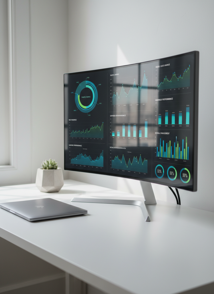 A sleek, ultra-modern digital marketing dashboard displayed on a thin, frameless 34-inch curved monitor, showing vivid analytics charts, SEO graphs, and rising trend lines in electric blues and vibrant greens against a deep charcoal background. The monitor sits on a minimalist white desk with a subtle matte finish, beside a brushed aluminum laptop and a small, geometric concrete planter. Soft daylight from an unseen window washes across the surface, creating clean reflections on the screen and faint shadows on the desk. Photographic realism, shot at eye level with a shallow depth of field, keeping the dashboard crisp while the background fades into a gentle blur. The mood is professional, focused, and data-driven, ideal for a high-end digital marketing agency homepage hero image.